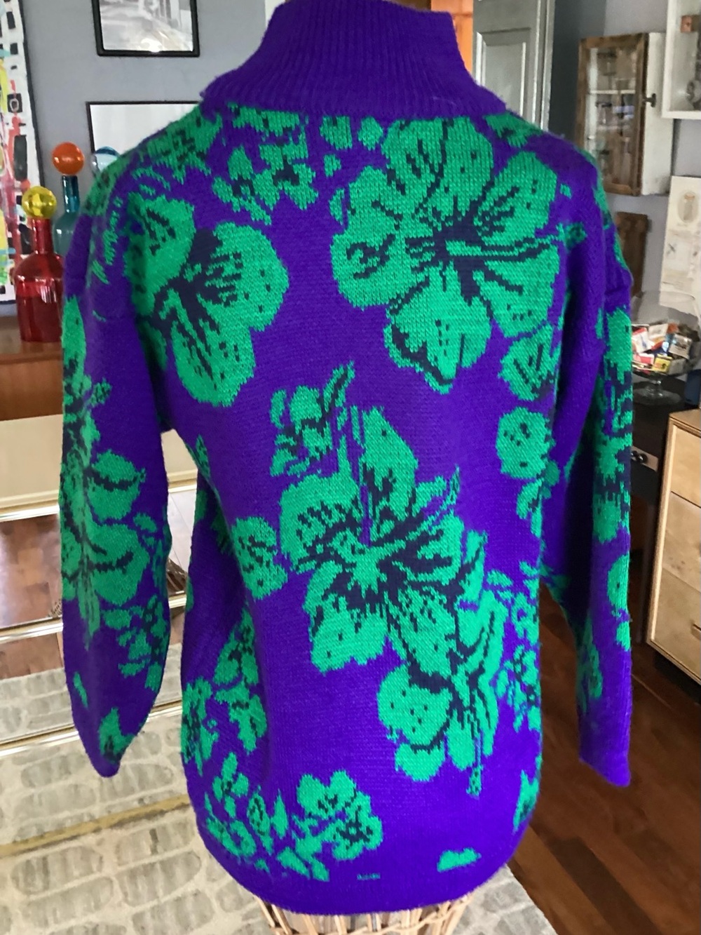1980’s Esprit Purple Turtleneck Sweater with Green Floral Jacquard - Picture 3 of 8